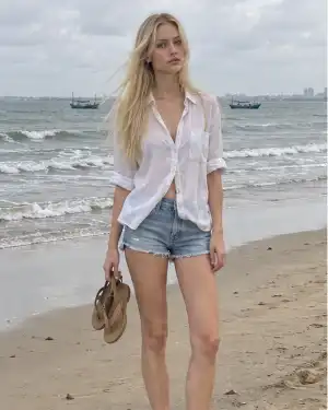 Vika, 25 — on Versova beach on a cloudy day