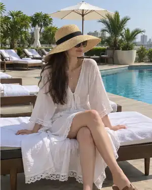 Alisa — visiting Russian escort in Juhu by a hotel pool, face hidden by a straw hat and sunglasses