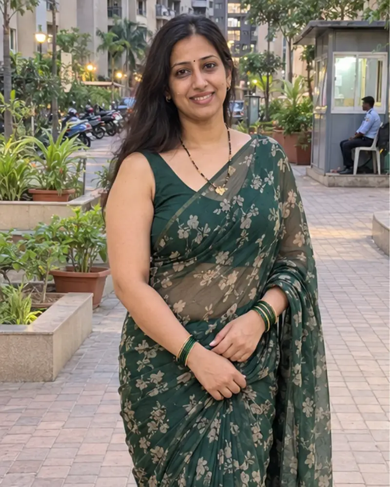 Vaishali — housewife escort in Mira Road in a green saree in her society garden