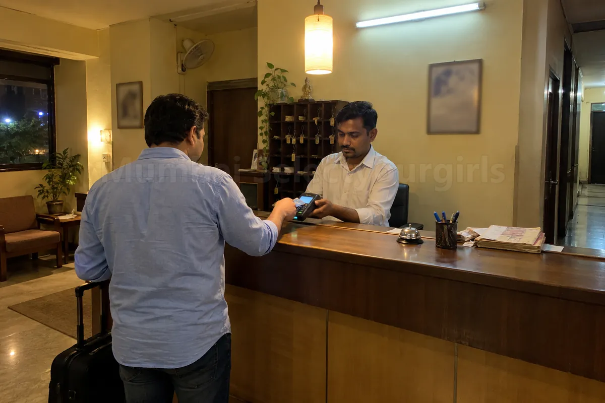 Paying for a hotel room at a front desk in Andheri