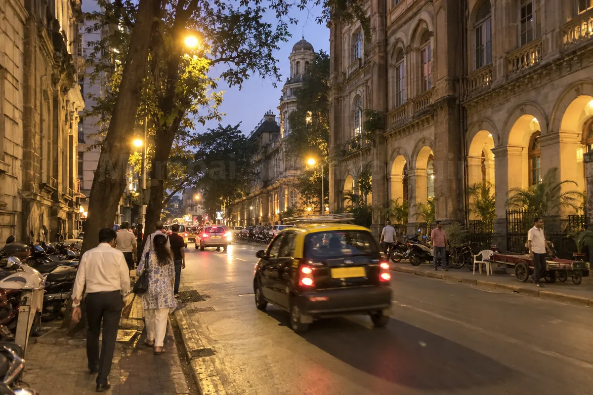 A heritage street in South Mumbai at dusk