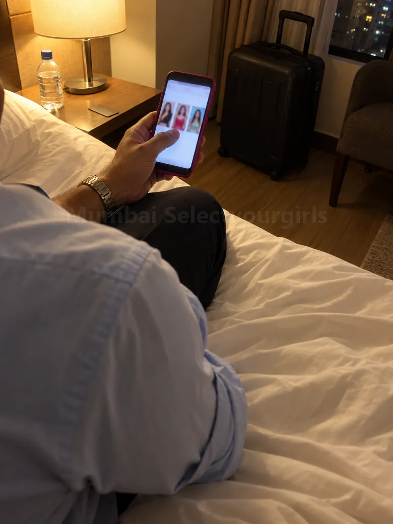 Booking a Mumbai escort, step 2: choosing from the girls sent, on the phone in a hotel room